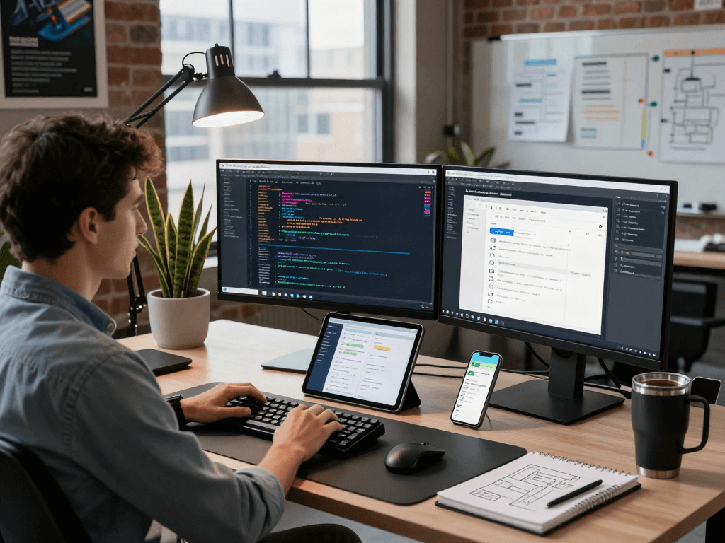 Un développeur utilisant Atlas pro dans un bureau moderne, entouré de matériel informatique et de documents techniques.