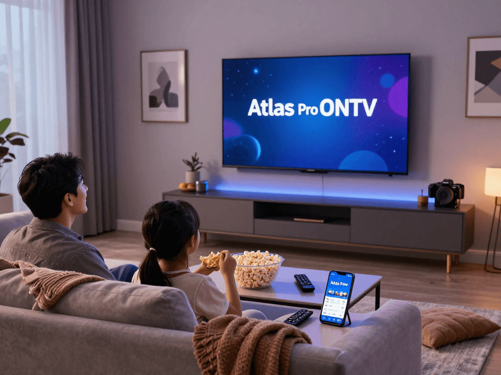 Famille profitant d'une soirée cinéma avec Atlas pro ontv, TV grand écran et ambiance conviviale.