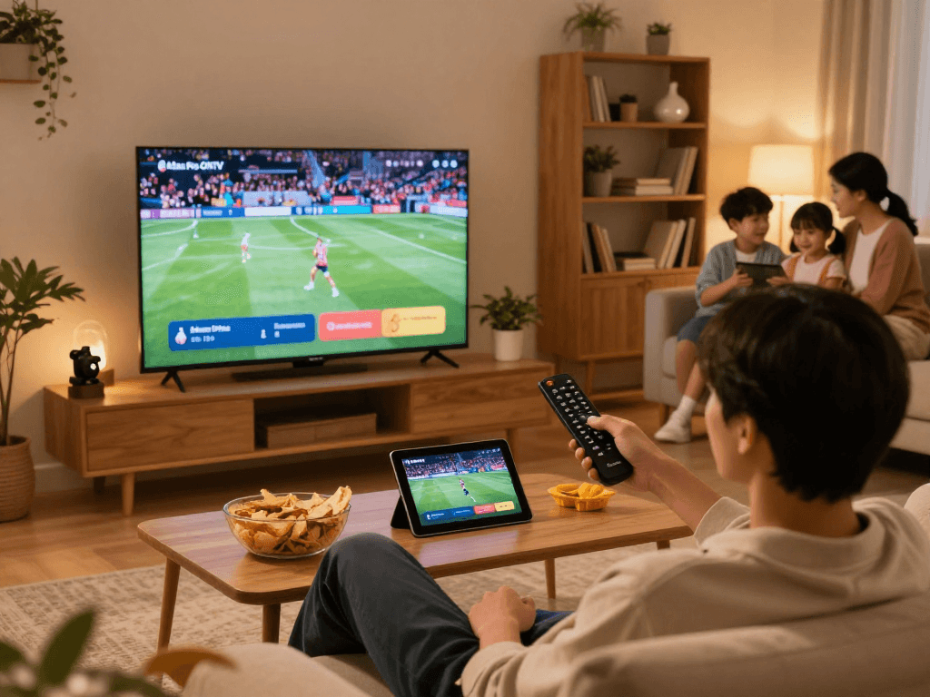 Profitez des divertissements avec Atlas Pro ONTV sur Smart TV dans un salon moderne.