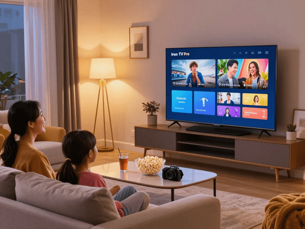 Famille profitant de l'abonnement Iron TV Pro en streaming dans un salon moderne.