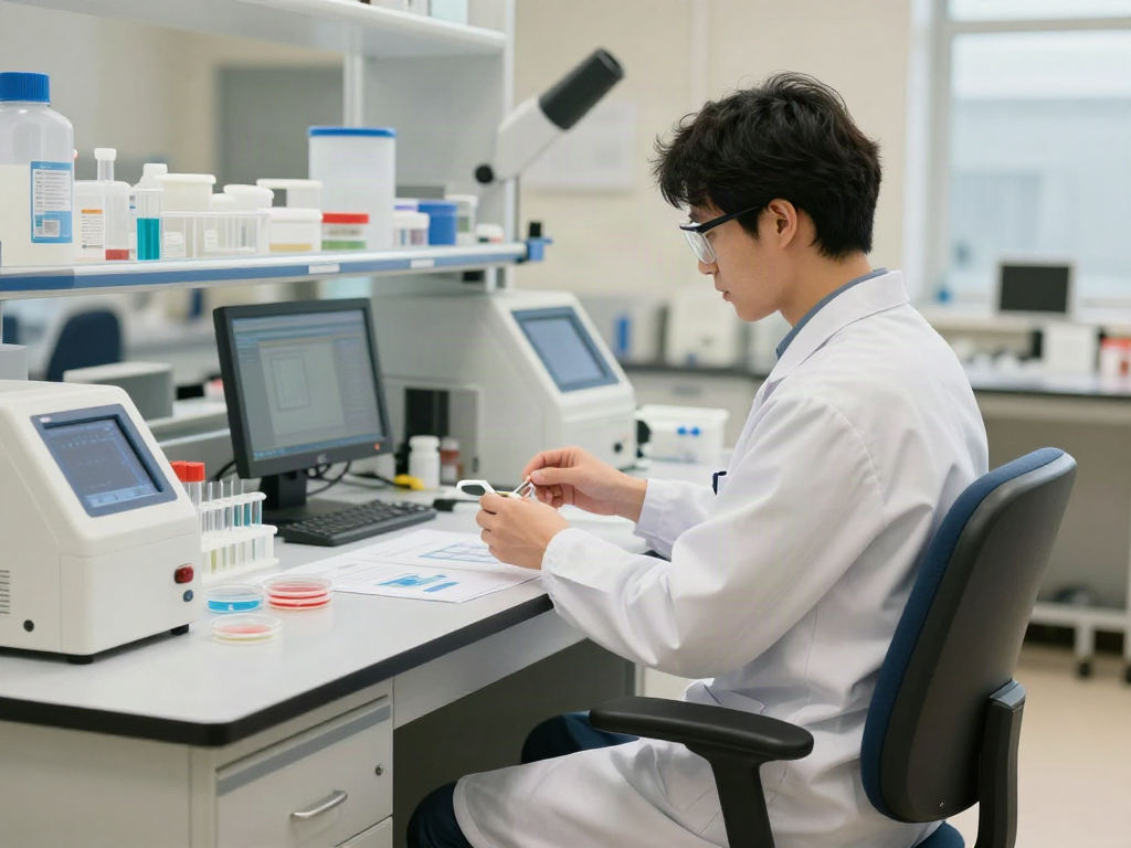 Chaise de laboratoire avec dossier et accoudoirs utilisée par un scientifique dans un environnement de laboratoire moderne.