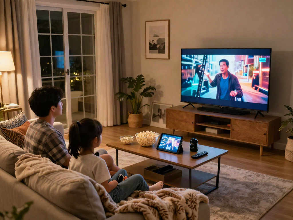 Famille regardant Iron tv pro ensemble dans un salon confortable