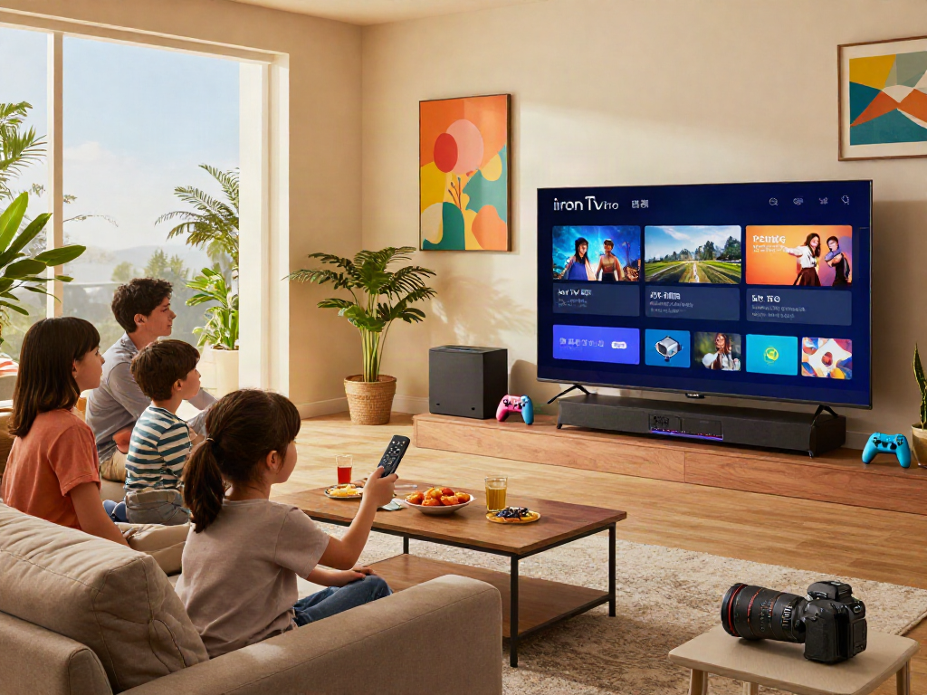 Family enjoying interactive features of Iron tv pro in a cozy living room
