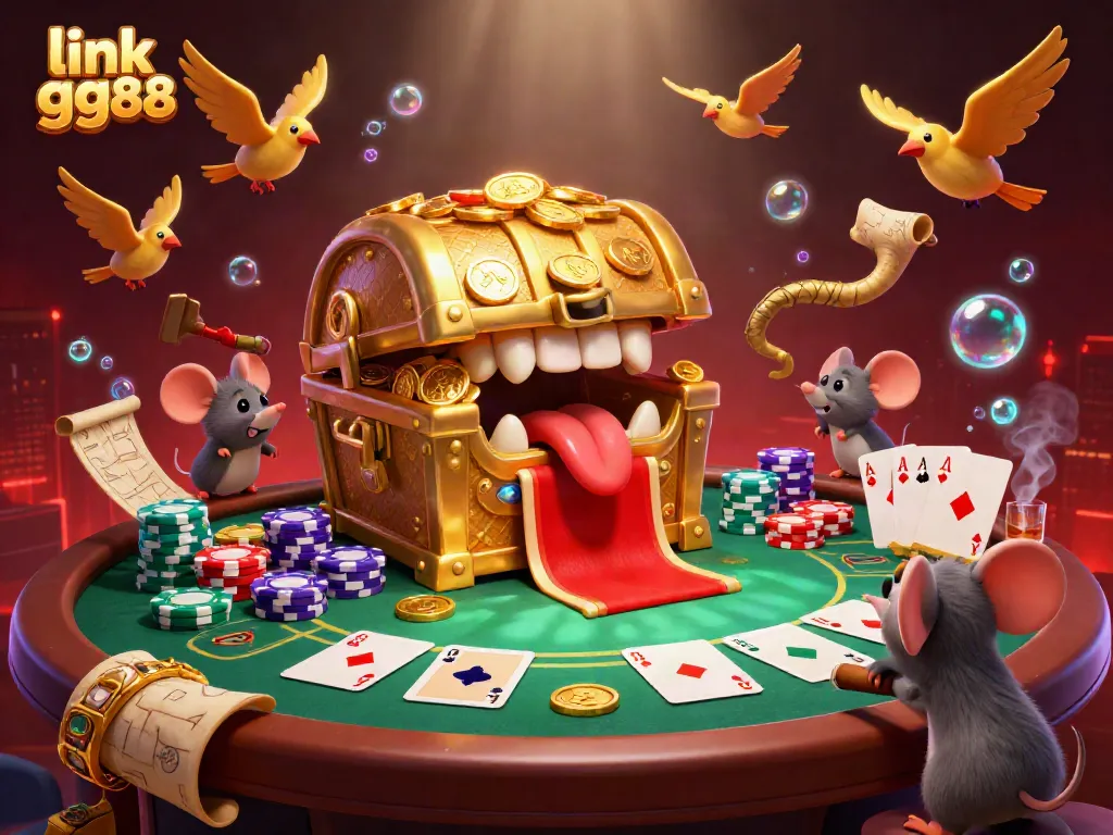 Engage with link gg88 in this vibrant gaming scene featuring a treasure chest and poker elements.