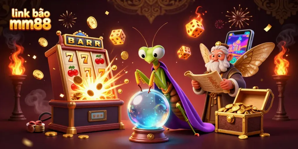 Engage with link vào mm88 through this vibrant 3D illustration highlighting dynamic casino elements and a mystical theme.