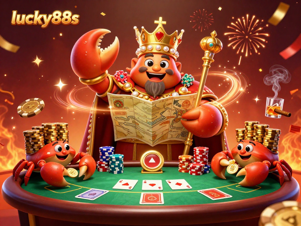 Experience rich casino action with lucky88s featuring a golden crab emperor amidst vibrant poker games.