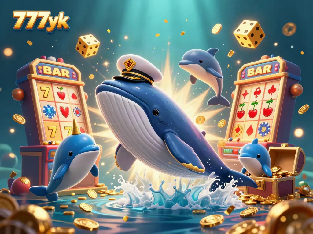 Engage with thrilling casino adventures at 777yk, featuring a whimsical whale and animated dolphins in a sea of coins.