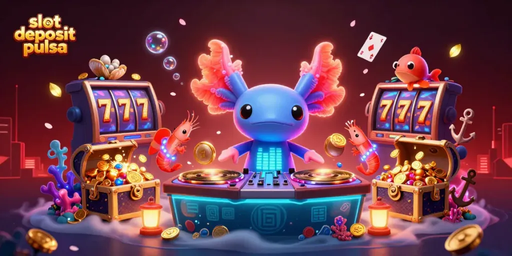 Experience thrilling wins with slot deposit pulsa and vibrant 3D casino characters in an energetic underwater scene.