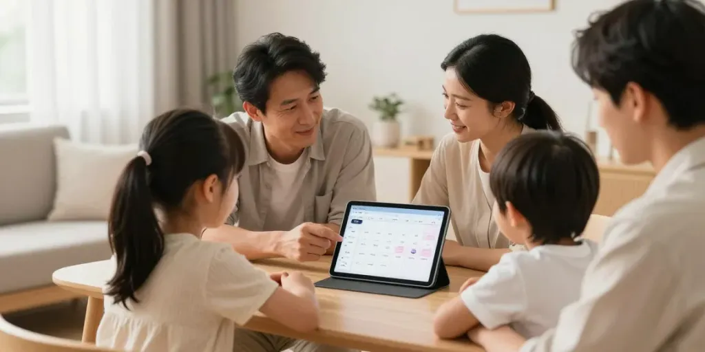 Coordination des soins avec un agenda partagé aidants, famille réunie autour d'une tablette.