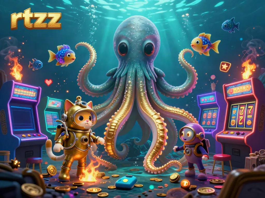 Experience the thrill of rtzz with a vibrant underwater casino scene featuring a colossal kraken and a diving cat.
