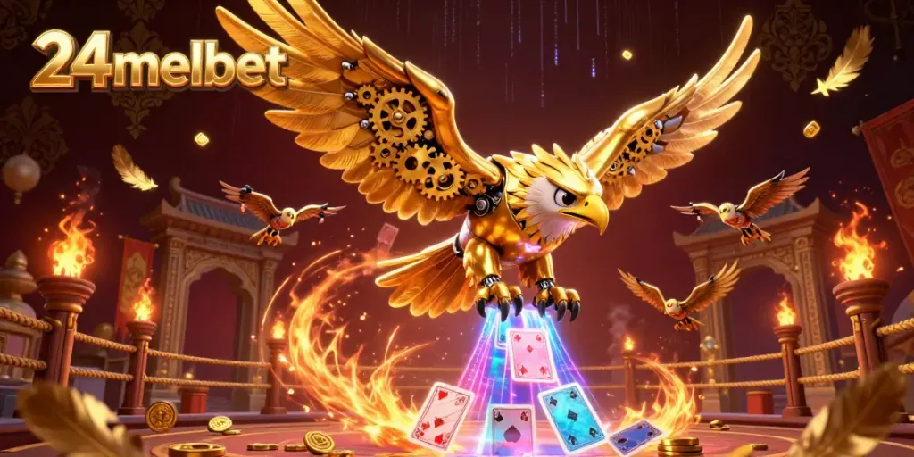 Experience the thrill of gaming at 24melbet with a cybernetic eagle amidst a lively casino battle scene.