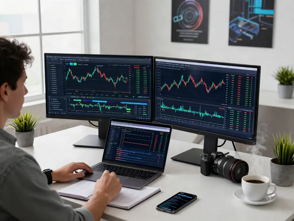 Vue dynamique du bureau d'un trader utilisant la-essorinvexaro.com sur ses écrans, illustrant la technologie de trading moderne.