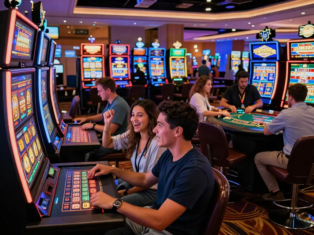 Scène de casino animée chez https://studiobarw.com/ avec des joueurs profitant des machines à sous et d'un croupier en direct.