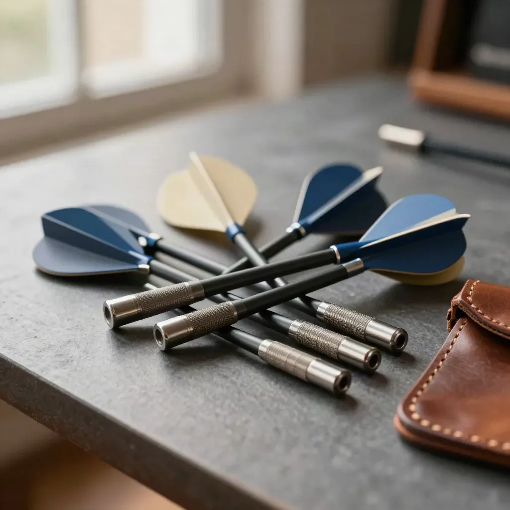 Fléchettes en tungstène, shafts, flights et étui cuir sur comptoir graphite