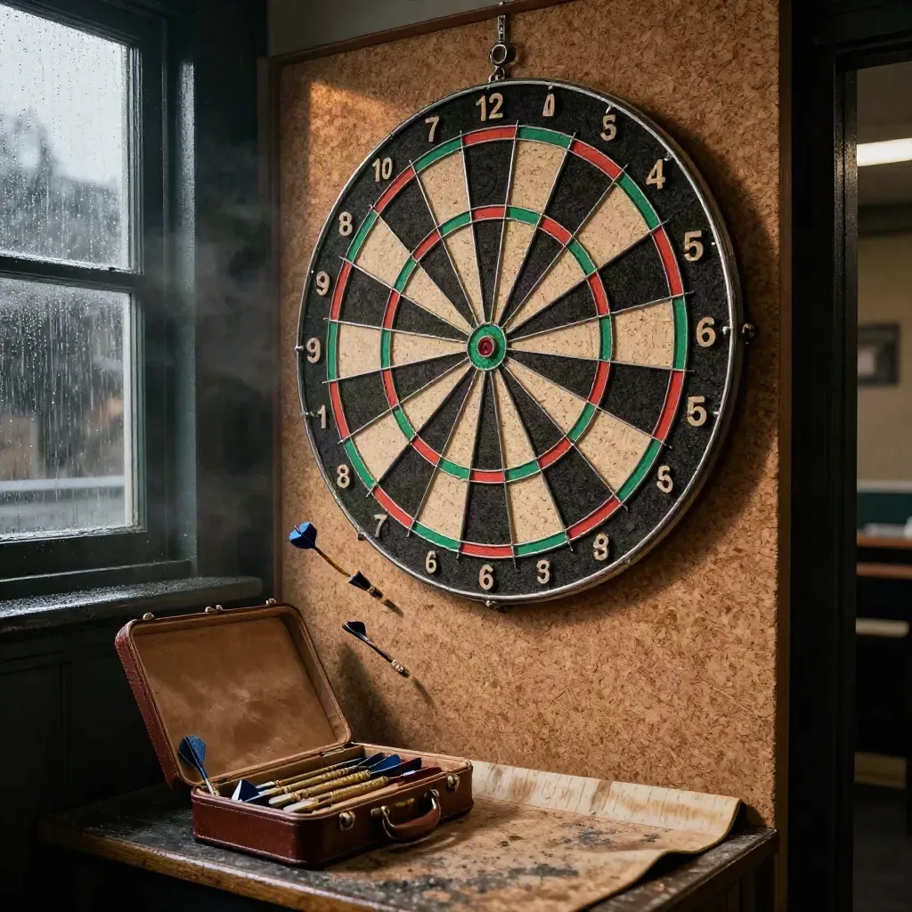 Cible de fléchettes en liège, fléchette sur le triple, étui ouvert et tapis usé dans un club.