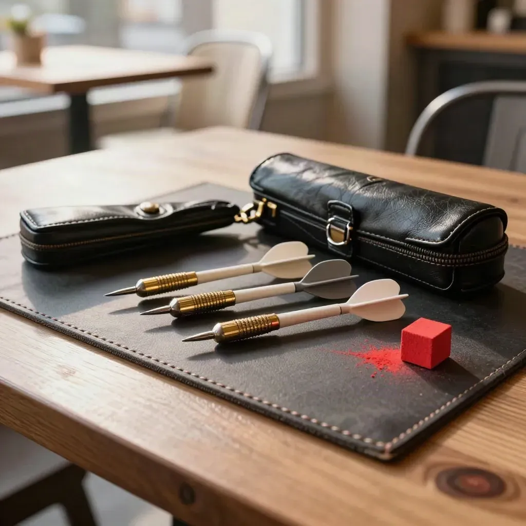 Kit de départ pour fléchettes sur une table de café, lumière chaude et ambiance calme.
