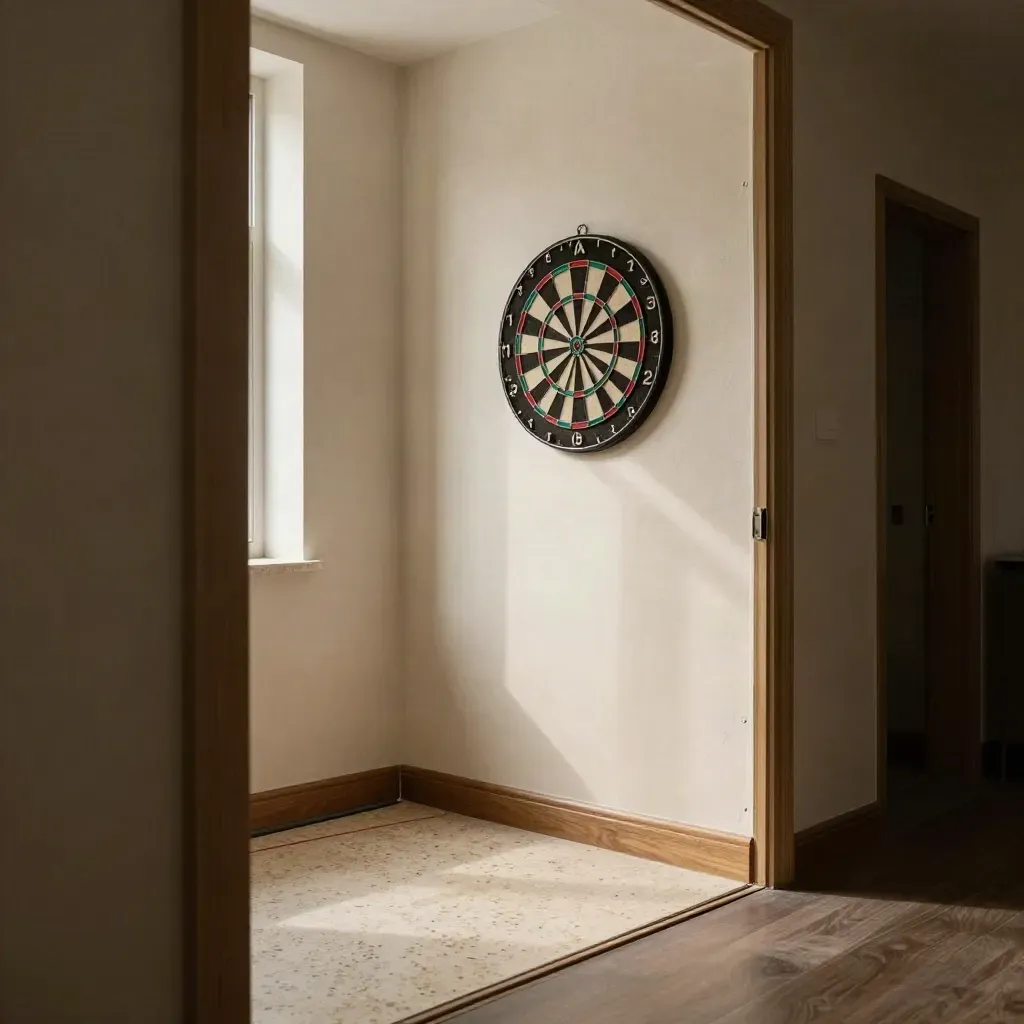 Coin jeu de fléchettes fini dans un couloir, cible murale, protège-mur et tapis plié.