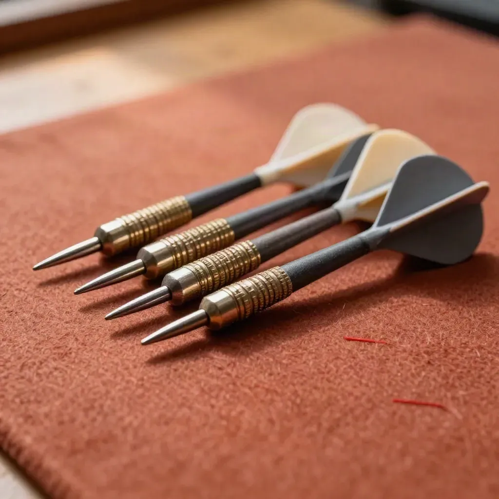 Fléchettes steel et soft-tip avec pointes et ailettes sur un tapis de feutre terracotta.