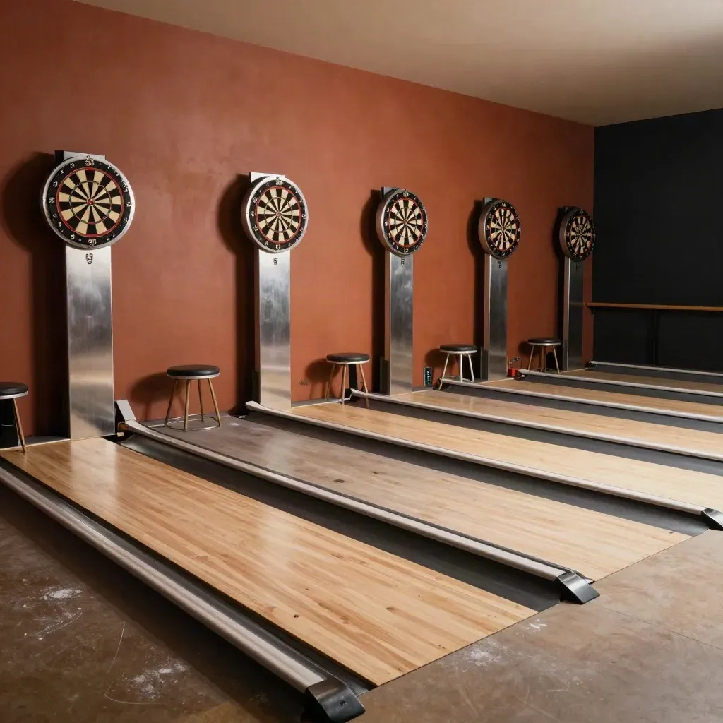 Bar de ligue sombre avec rangée de cibles, tabourets et supports de score, vue basse depuis la ligne de tir.