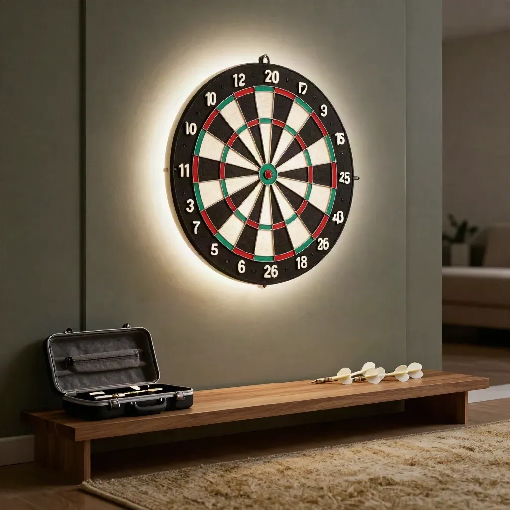 cible électronique lumineuse dans une pièce de jeu sombre, avec étui soft-tip et fléchettes à côté
