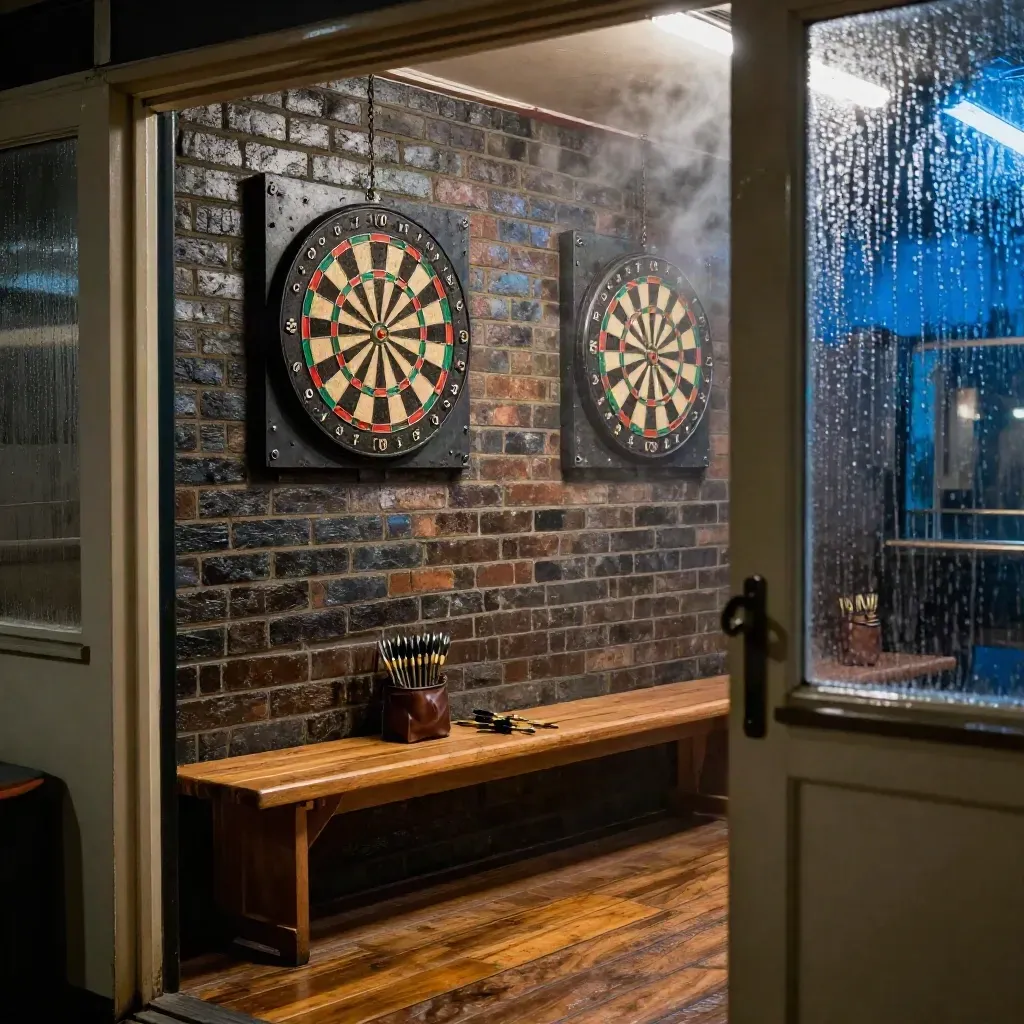 Intérieur de club de fléchettes en briques, deux cibles, banc en bois et pluie aux vitres.