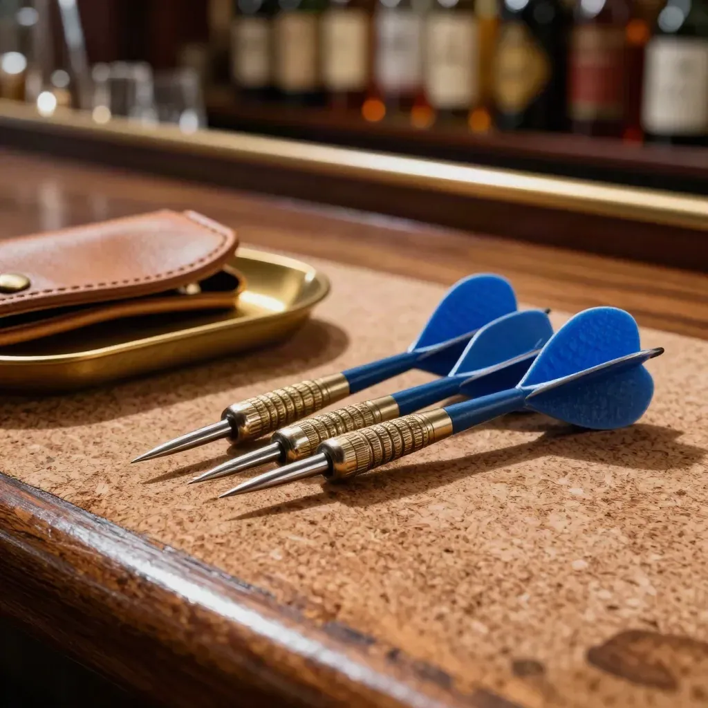 Fléchettes steel-tip sur tapis de liège usé, plateau en laiton, lumière chaude de pub.