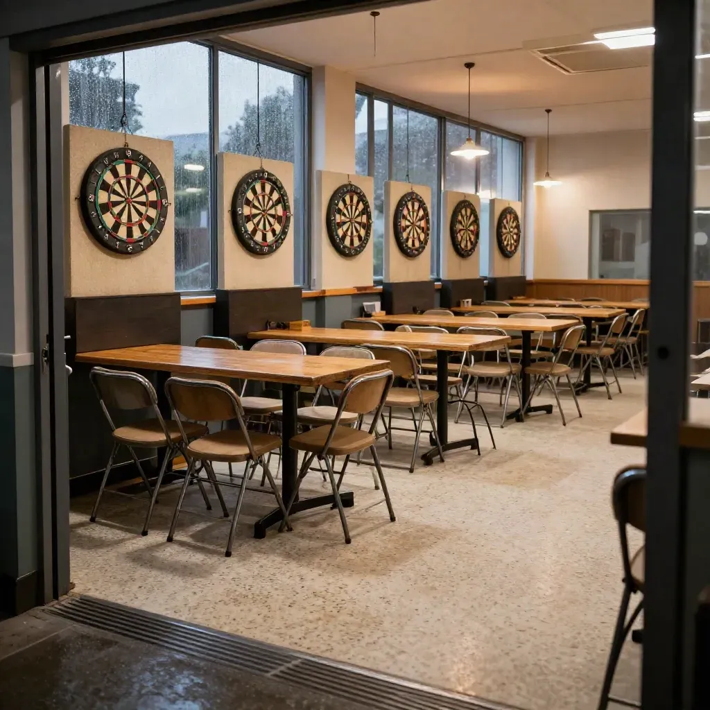 Salle communale avec cibles de fléchettes, chaises pliantes et tables empilées sous la pluie du soir.