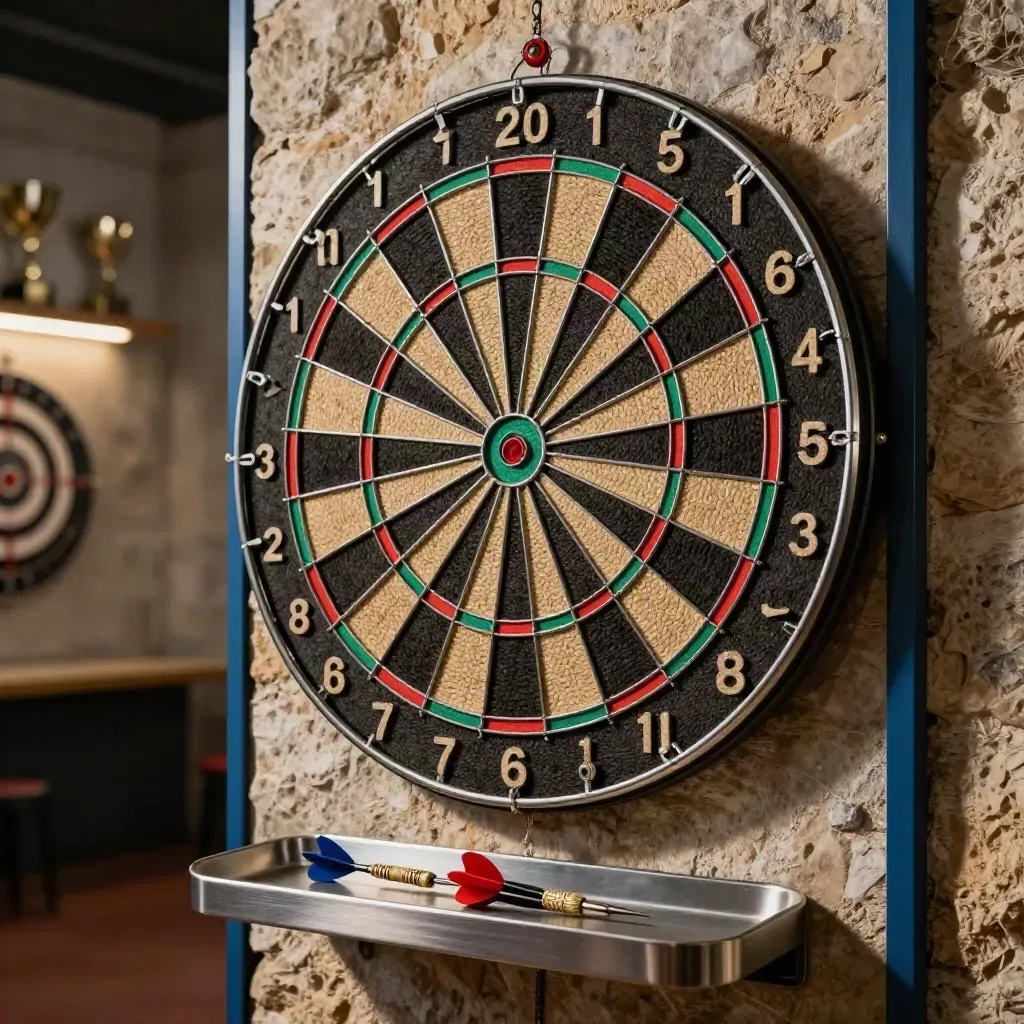 Gros plan centré d’une cible de fléchettes dans un club lyonnais aux murs de pierre.