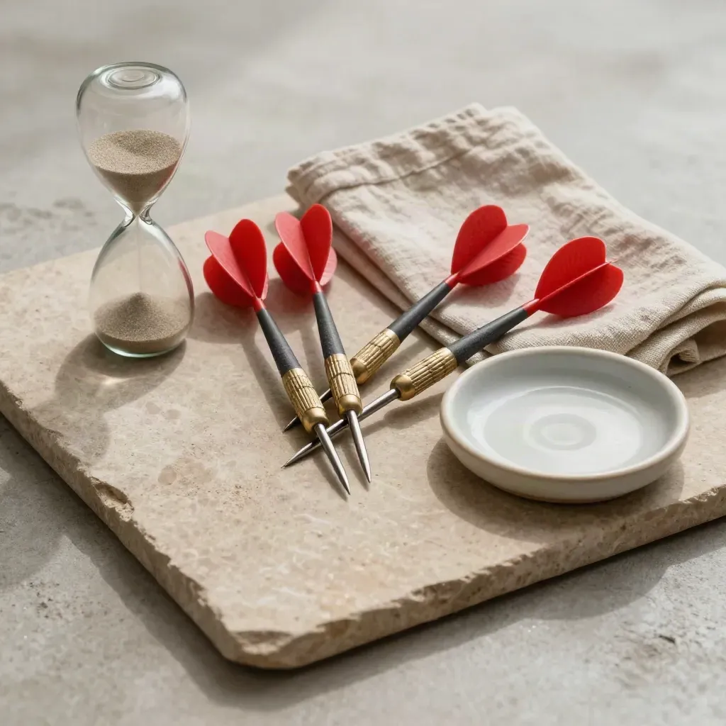 Trois fléchettes, sablier, linge plié et petit plateau céramique sur pierre claire.