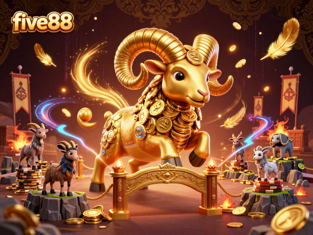Experience excitement with five88’s 3D illustrated golden ram charging through a casino arena filled with vibrant gambling elements.
