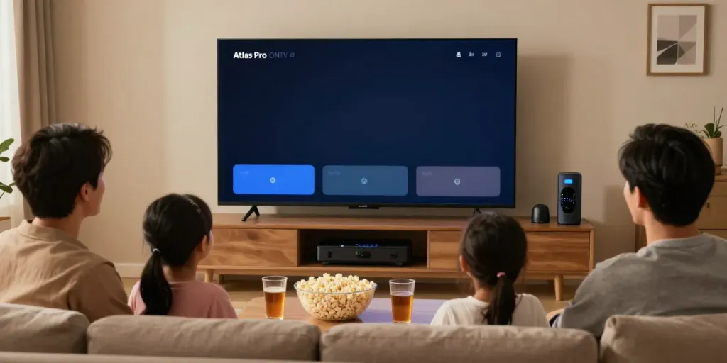 Une famille profitant de leurs moments ensemble avec l'application Atlas Pro sur grand écran, créant une ambiance chaleureuse.