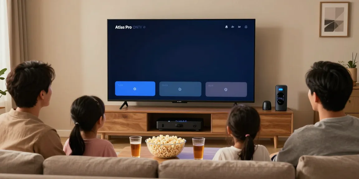 Une famille profitant de leurs moments ensemble avec l'application Atlas Pro sur grand écran, créant une ambiance chaleureuse.