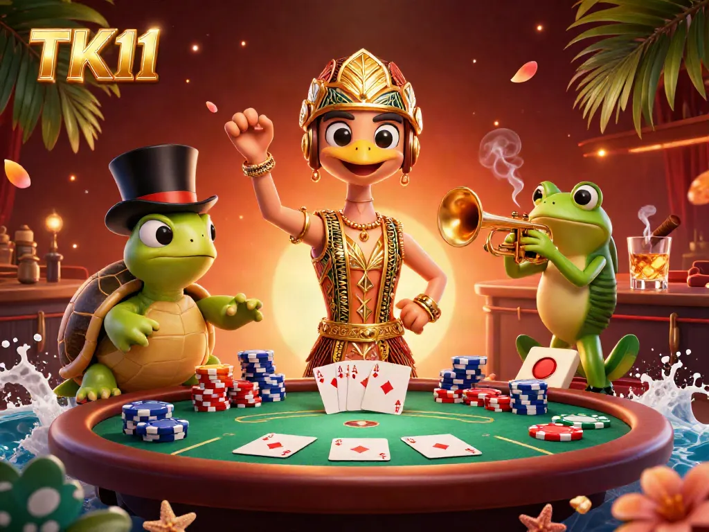 The colorful TK11-themed casino illustration depicts a lively speakeasy scene with vibrant characters and poker elements.
