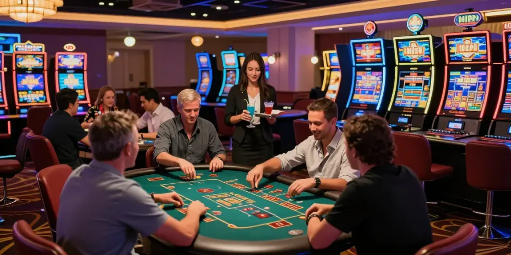 Joueurs enthousiastes dans un casino en ligne, s'amusant avec des jeux de table et machines à sous.