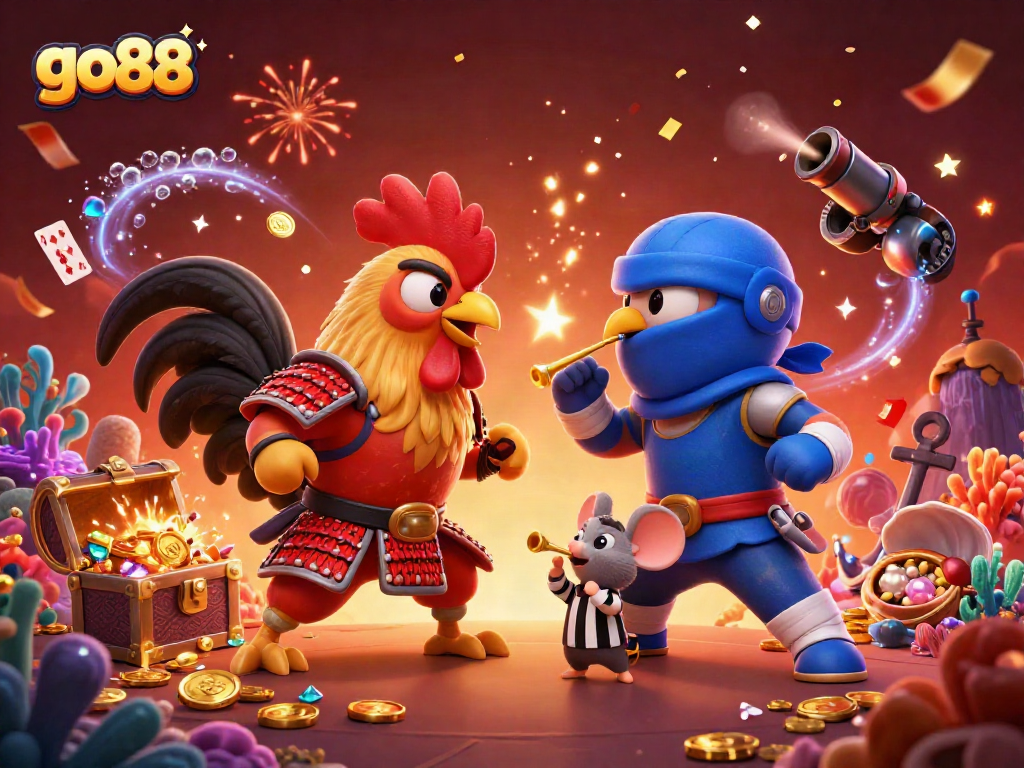 Witness the thrilling action of go88 with animated roosters in a vibrant casino showdown.