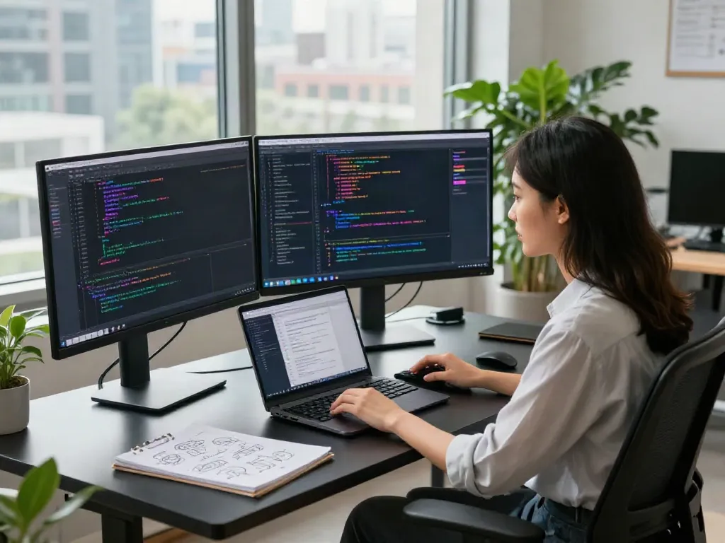 Developer coding an unfiltered AI chat application in a modern tech workspace.