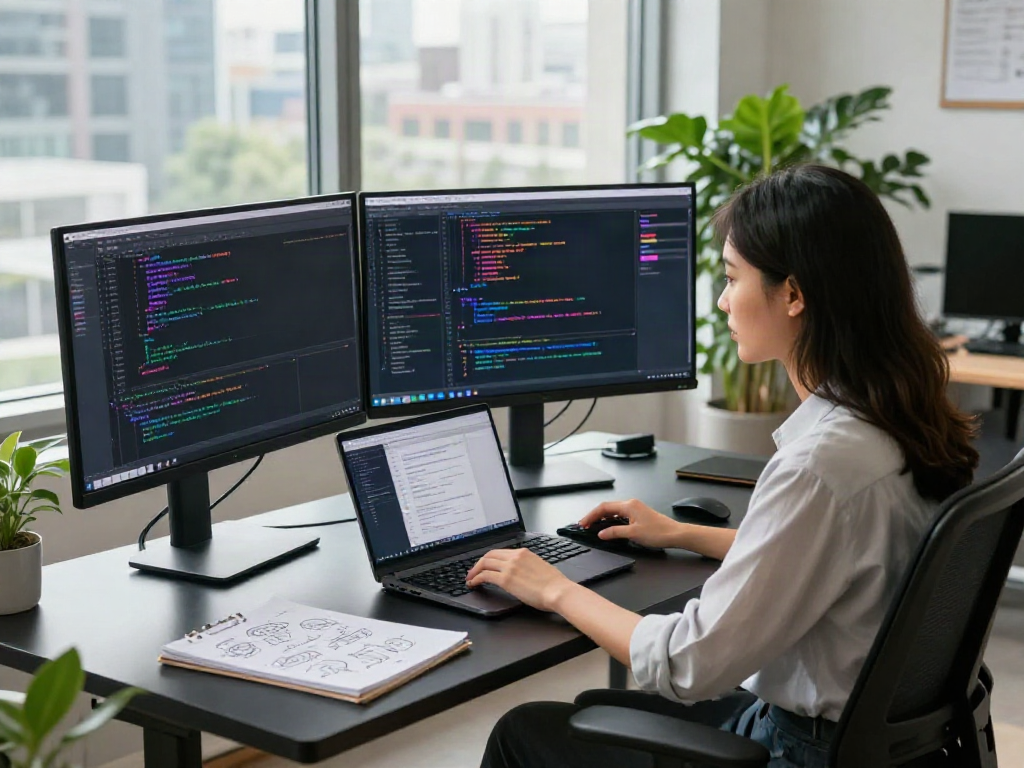 Developer coding an unfiltered AI chat application in a modern tech workspace.