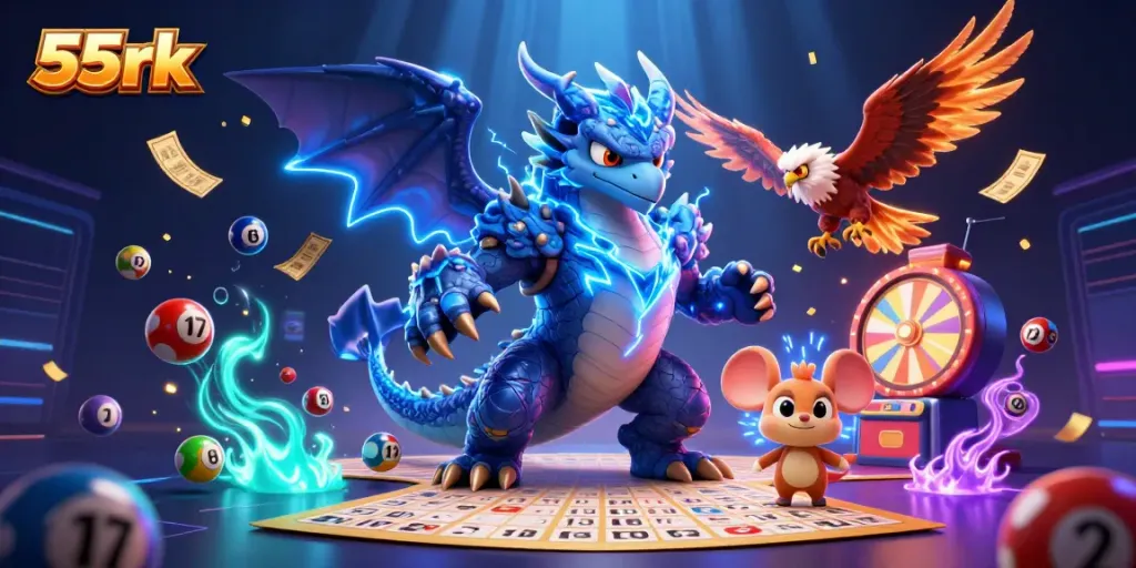 Exciting scene featuring 55rk characters amidst colorful casino elements, immersing players in thrilling online gaming.