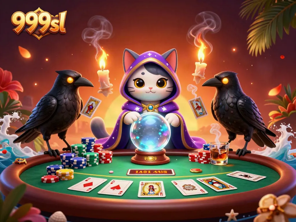 Engage in thrilling poker action with 999sl featuring a mystic cat, a tarot raven, and vibrant poker elements.