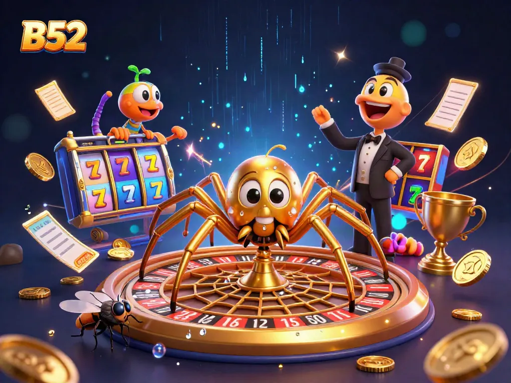 Engage with B52's vibrant casino scene featuring a golden spider and dynamic elements spinning together.