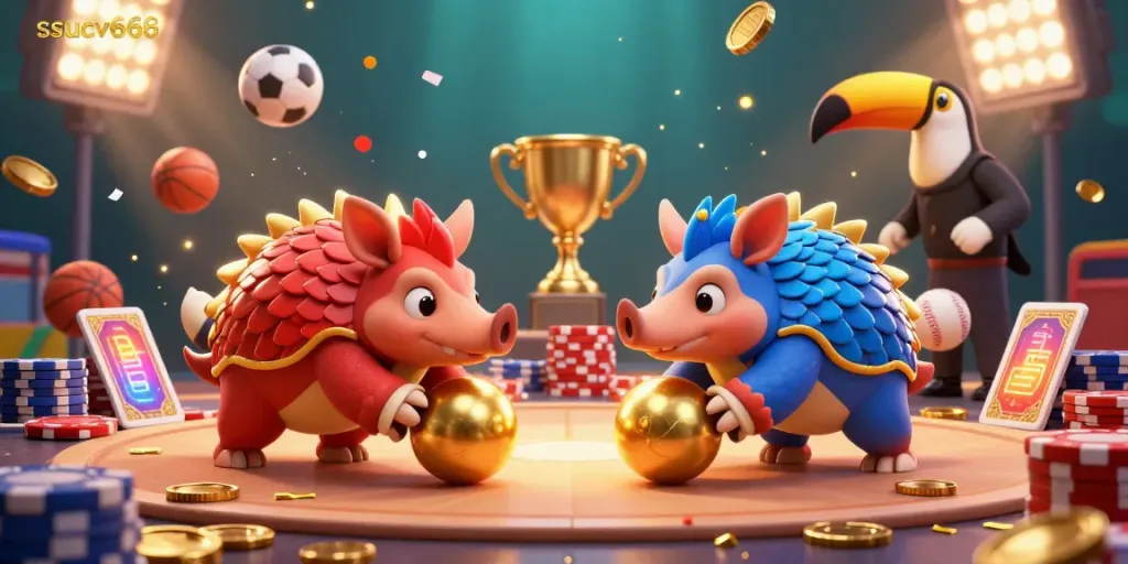 Experience thrilling action with ssucv666 as rival pangolins compete in a vibrant casino scene.