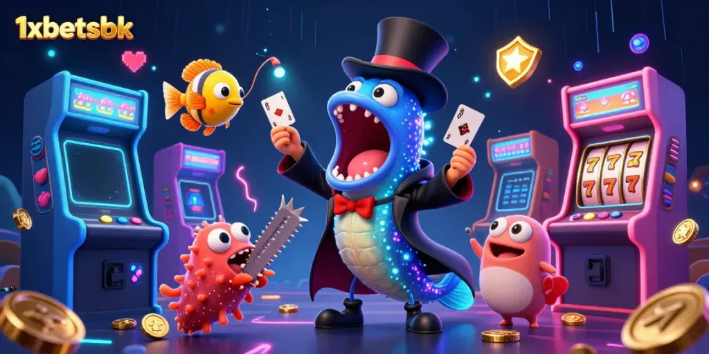 Experience thrilling gameplay with 1xbetsbk featuring a bioluminescent eel magician, an anglerfish, and vibrant casino elements.