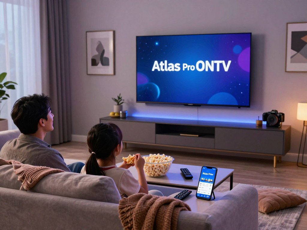 Famille profitant d'une soirée cinéma avec Atlas pro ontv, TV grand écran et ambiance conviviale.