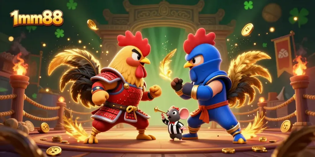Experience the thrilling standoff of 1mm88's fighting roosters with vibrant golden feathers and action-packed casino elements.