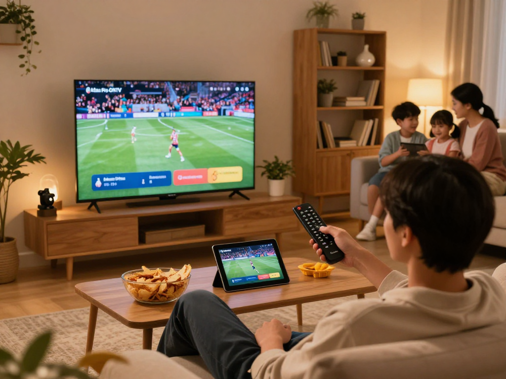 Profitez des divertissements avec Atlas Pro ONTV sur Smart TV dans un salon moderne.