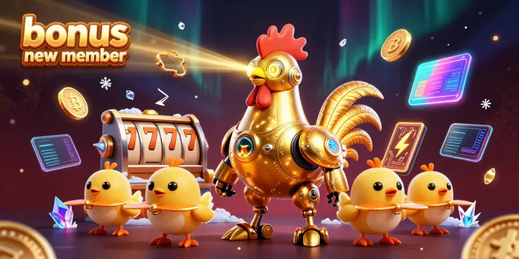 Experience thrilling gameplay with bonus new member promotions on this vibrant casino scene featuring dynamic slot elements.
