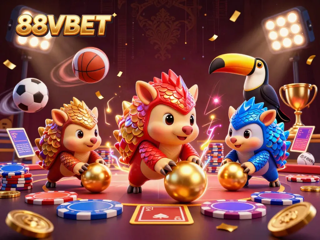 Witness thrilling action as pangolins compete in casino games at 88VBET, dynamic scene filled with excitement.